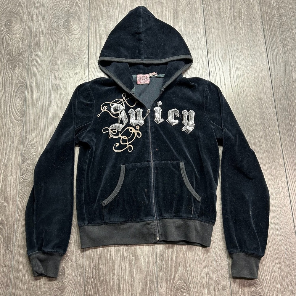 Vintage Juicy Couture Velour Hoodie Medium Black Sequined Logo Y2K Zip Up Jacket